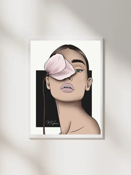 Ilustración de M. Giménez enmarcada en pared